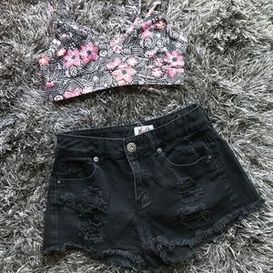 Distressed black shorts